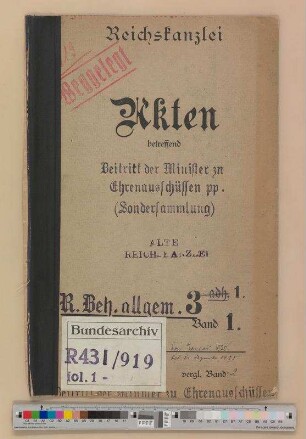 Beitritt von Reichsministern zu Ehrenausschüssen und Schirmherrschaften: Bd. 1