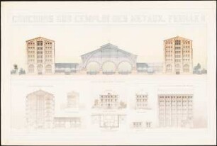Fabrikanlage, Lagerhalle mit Magazinen und Verwaltungsgebäuden: Aufrisse, Schnitte und Grundriss