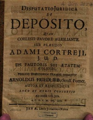 Disputatio Iuridica De Deposito
