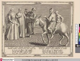 [Vater und Sohn reiten beide auf dem Esel; Father and son ride both on the donkey]