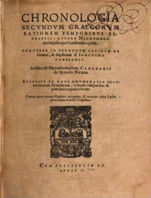 Chronologia Secvndvm Graecorvm Rationem Temporibvs Expositis