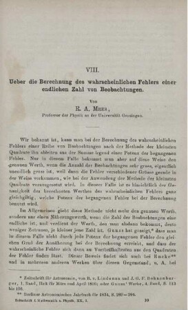 VIII. Ueber die Berechnung des wahrscheinlichen Fehlers einer endlichen Zahl von Beobachtungen.