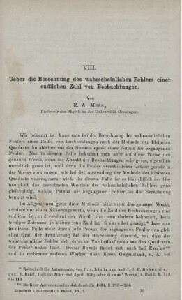 VIII. Ueber die Berechnung des wahrscheinlichen Fehlers einer endlichen Zahl von Beobachtungen.