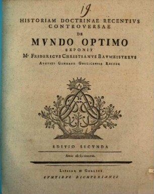 Historiam Doctrinae Recentivs Controversae De Mvndo Optimo