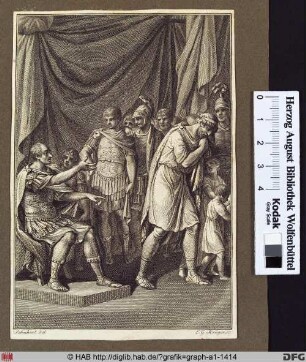 Römische Soldaten in einem Zelt, rechts ein Mann der scheinbar soeben abgewiesen wurde.