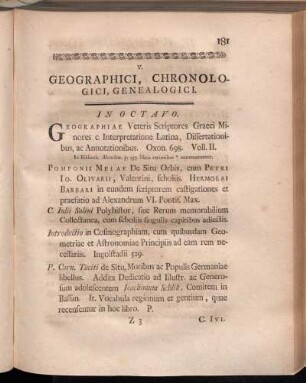 V. Geographici, Chronologici, Genealogici.