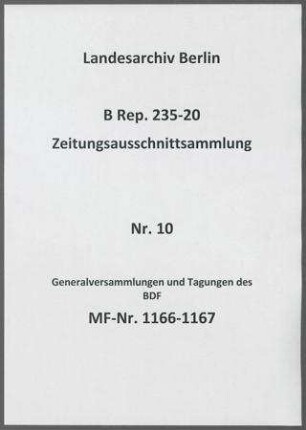 Generalversammlungen und Tagungen des BDF