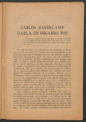 Carlos Baudelaire habla de Edgardo Poe