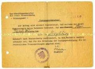 Bescheinigung des Oberbürgermeisters von Braunschweig über den Zuzug in die Stadt