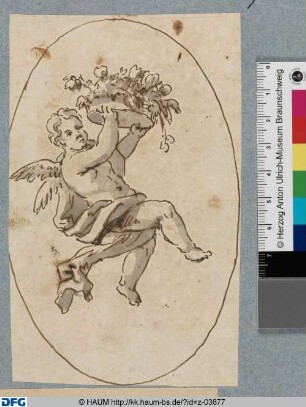 Schwebender Putto mit einem Blumenkorb