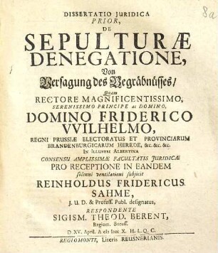 Dissertatio Juridica ..., De Sepulturæ Denegatione, Von Versagung des Begräbnüsses. 1, Dissertatio Iuridca Prior