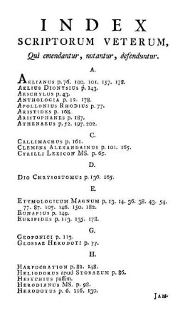 Index Scriptorum Veterum, Qui emendantur, notantur, defenduntur.