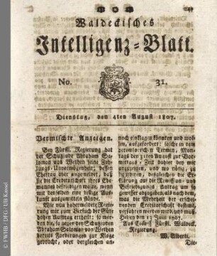 No. 31, Dienstag, den 4ten August 1807