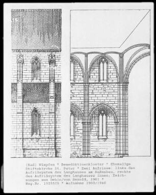Bad Wimpfen, Benediktinerklosterkirche Sankt Peter, links Aufrißsystem des Langhauses am Außenbau, rechts Aufrißsystem des Langhauses innen