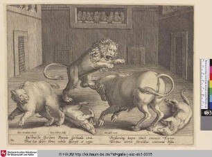 [Kampf zwischen einem Löwen, einem Stier, einem Bären und zwei Wölfen; Fight between a lion, a bull, a bear and two wolves]