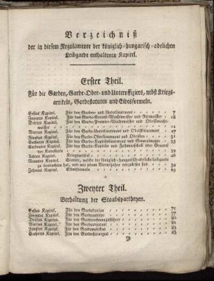 Verzeichniß der in diesem Regulamente [...] enthaltenen Kapitel