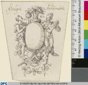 Leeres Schild mit allegorischen Figuren (Astrologia und Arithmethica)