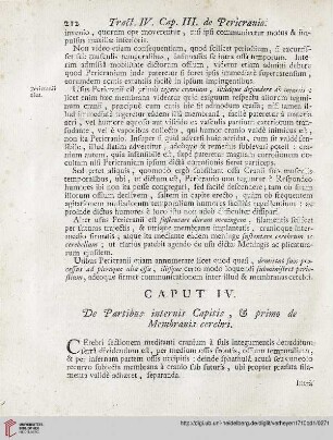 Caput IV: De Partibus internis Capitis; et primo de Membranis cerebri