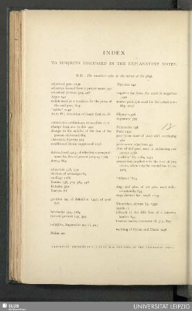 Index to subjects discussed in the explanatory notes