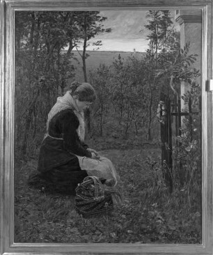 Herbst. Ein trauerndes Landmädchen kniet vor einem Bildstock