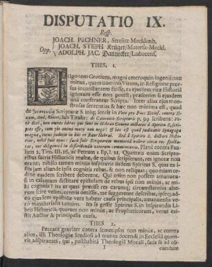 Disputatio IX. Resp. Joach. Püchner, Strelitz-Mecklenb. Opp. Joach. Steph. Krüger/Matersa-Meckl. Adolph. Jac. Dannecker / Lubecens.