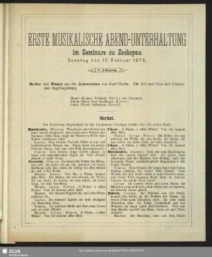 Erste musikalische Abend-Unterhaltung im Seminare zu Zschopau Sonntag den 17. Februar 1878