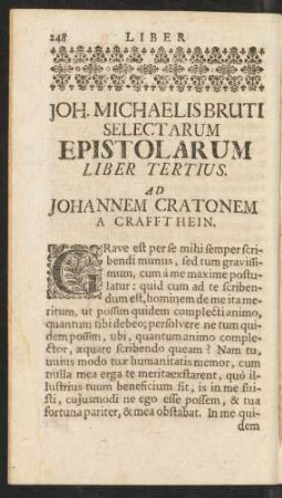 Joh. Michaelis Bruti Selectarum Epistolarum Liber Tertius. Ad Johannem Cratonem A Craffthein.