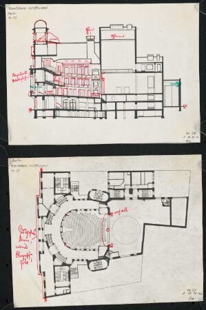Theaterbau des Komödienhauses, Berlin: Grundriss und Längsschnitt