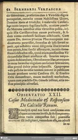 Observatio XXII. Casus Medicinalis & Responsum De Calculis Renum