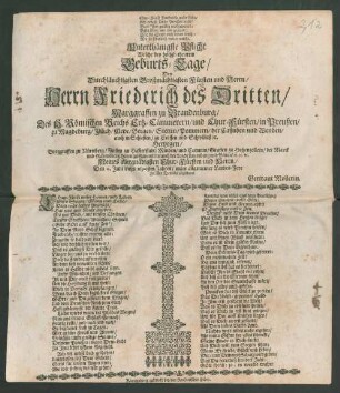 Unterthänigste Pflicht Welche bey höchst-theurem Geburts-Tage/ Des ... Herrn Friederich des Dritten/ Marggraffen zu Brandenburg/ Des H. Römischen Reichs Ertz-Cämmerern/ und Chur-Fürsten/ in Preußen ... Meines allergnädigsten Chur-Fürsten und Herrn/ Den 11. Julii dieses 1690sten Jahres/ unter allgemeiner Landes-Feyr In aller Demuht abgestattet