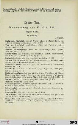 Erster Tag: Donnerstag, den 12. Mai 1938, Beginn 3 Uhr (Nr. 1-320)