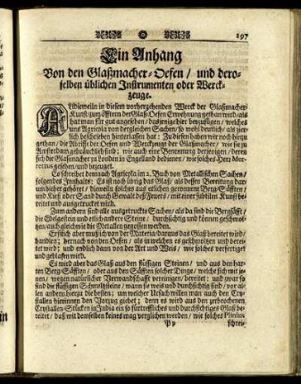 Ein Anhang Von den Glaßmacher-Oefen / und deroselben üblichen Instrumenten oder Werckzeuge.