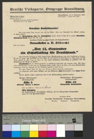 Einladung der Parteimitglieder der DVP zu einer Wahlkundgebung der Partei am 11. September 1930 in Braunschweig