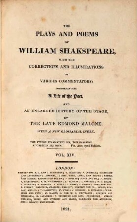 The plays and poems of William Shakspeare : With a new glossarial index. Vol. XIV., Coriolanus. Winter's tale.