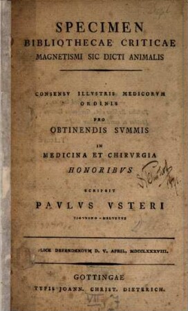 Specimen Bibliothecae Criticae Magnetismi Sic Dicti Animalis