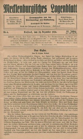 Nr. 6. Rostock, den 24. Dezember 1926.