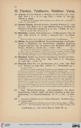 III. Fürsten. Feldherrn. Politiker. Varia (Nr. 381 - 466)