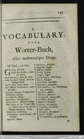 A Vocabulary, oder Wörter-Buch, Aller nothwendigen Dinge