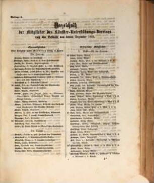 Bericht über den Bestand und das Wirken des Vereins zur Unterstützung Unverschuldet in Noth Gekommener Künstler und deren Relikten im Jahre .... 1864