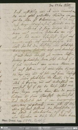Eigenh. Brief von Charlotte Ernst an August Wilhelm von Schlegel, o.O., 27.11.1807