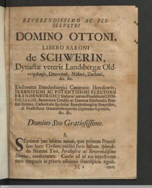 Reverendissimo Ac Perillvstri Domino Ottoni, Libero Baroni de Schwerin...