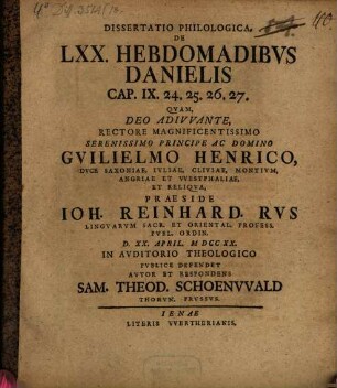 Diss. philol. de LXX. hebdomadibus Danielis, Cap. IX, 24 - 27