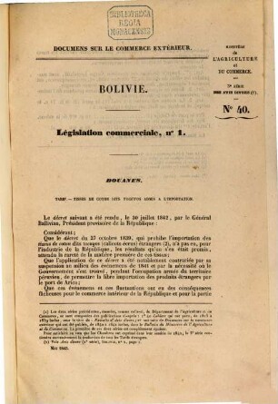 Documens sur le commerce extérieur. Bolivie. Législation commerciale. 1/5. 1843/45