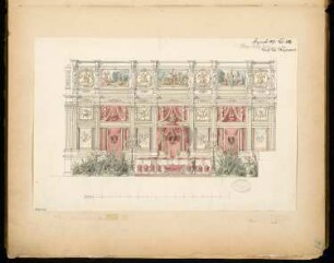 Festdekoration für die Königliche Oper, Berlin Monatskonkurrenz Dezember 1877: Perspektivische Ansicht der Innenlängswand; Maßstabsleiste