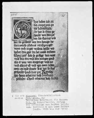 Deutsches Gebetbuch für Nonnen — Initiale G (hie hebet) mit Lamm Gottes, Folio 15recto