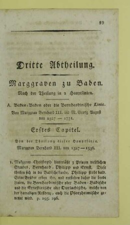 Dritte Abtheilung. Marggraven zu Baden. Nach der Theilung in 2 Hauptlinien