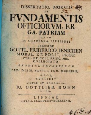 Dissertatio. Moralis De Fvndamentis Officiorvm. Erga. Patriam