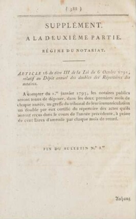Supplément. A la deuxième partie. Régime du notariat