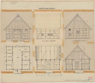 Ostenland bei Delbrück (Kreis Paderborn): Osterhorsthof. Heuerlingshaus (Grundriss, Ansichten, Schnitte)