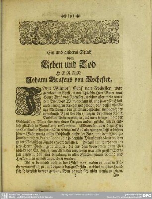 Ein und anderes Stück vom Leben und Tod Herrn Johann Grafens von Rochester